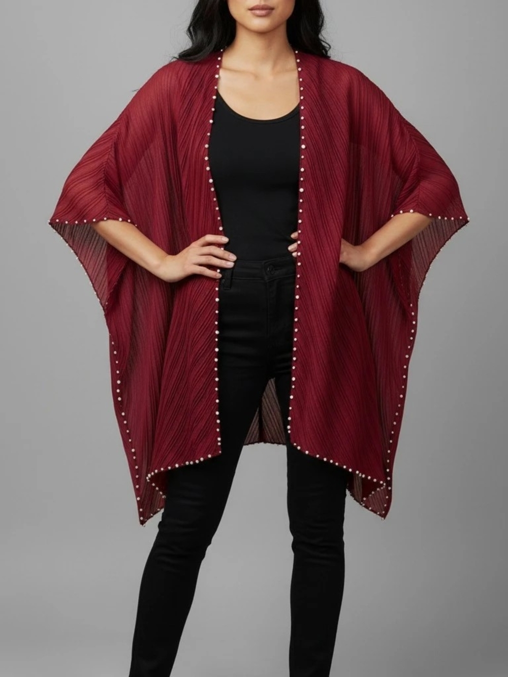 Oversized Red Pleated Open-Front Kimono Pearl Accent